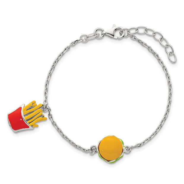 Sterling Silver Polished Multi-colored Enamel Burger and Fries Childrens with Extension Bracelet