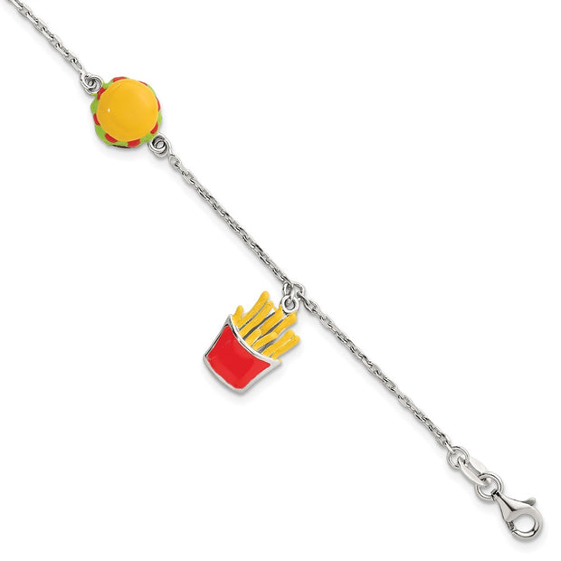 Sterling Silver Polished Multi-colored Enamel Burger and Fries Childrens with Extension Bracelet