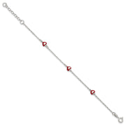 Sterling Silver Polished Red and White Enameled Hearts with extension Childrens Bracelet