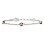Sterling Silver Polished Red and White Enameled Hearts with extension Childrens Bracelet