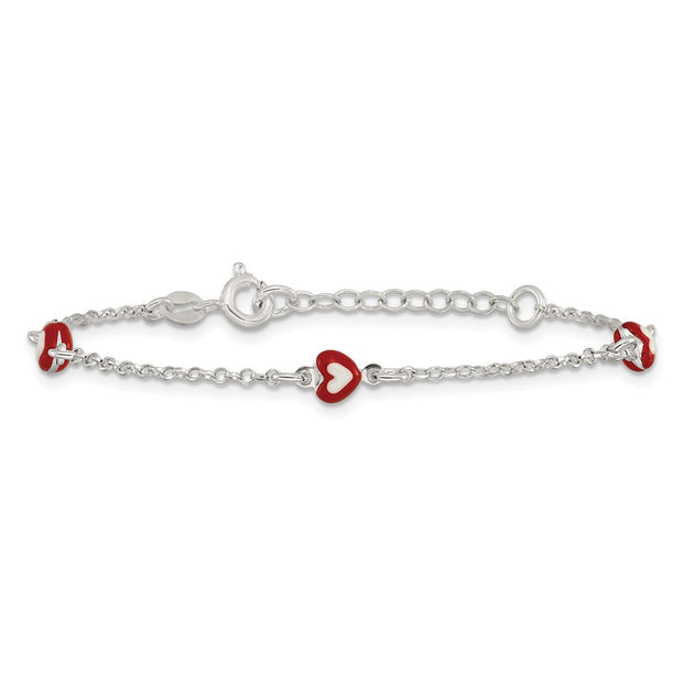Sterling Silver Polished Red and White Enameled Hearts with extension Childrens Bracelet