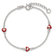 Sterling Silver Polished Red and White Enameled Hearts with extension Childrens Bracelet
