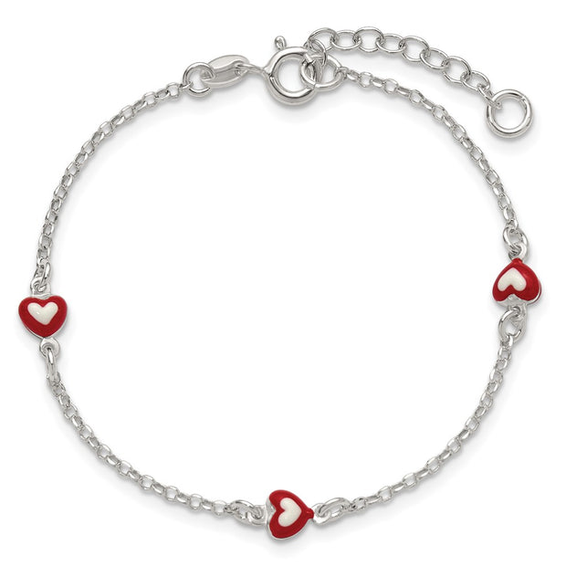 Sterling Silver Polished Red and White Enameled Hearts with extension Childrens Bracelet
