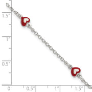 Sterling Silver Polished Red and White Enameled Hearts with extension Childrens Bracelet