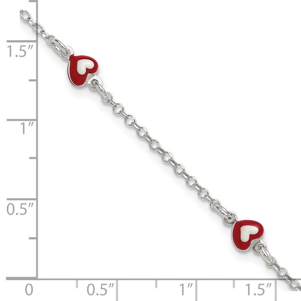 Sterling Silver Polished Red and White Enameled Hearts with extension Childrens Bracelet