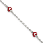 Sterling Silver Polished Red and White Enameled Hearts with extension Childrens Bracelet