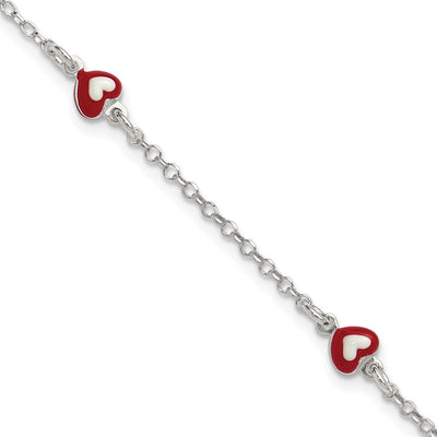 Sterling Silver Polished Red and White Enameled Hearts with extension Childrens Bracelet