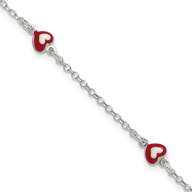 Sterling Silver Polished Red and White Enameled Hearts with extension Childrens Bracelet