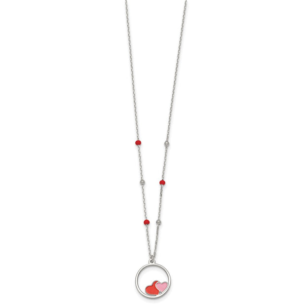 Sterling Silver Polished Beaded Red and Pink Enameled Hearts in Circle Childrens Necklace