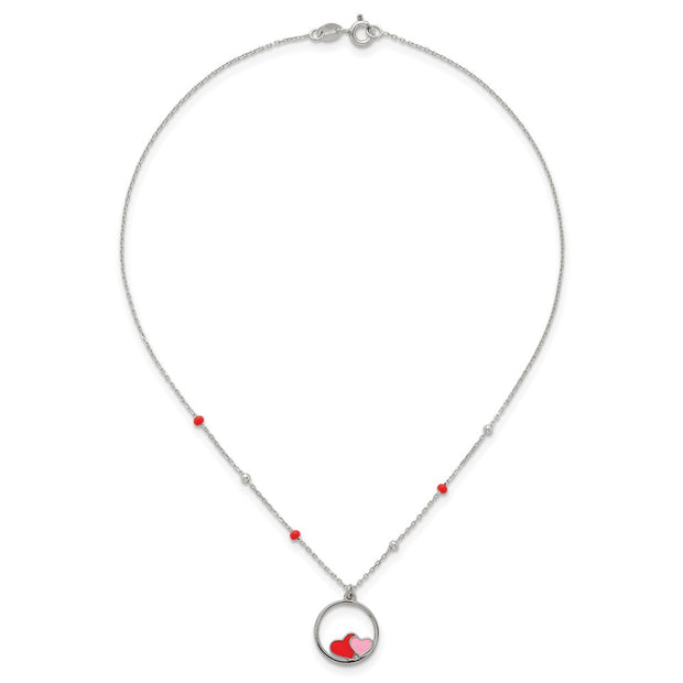 Sterling Silver Polished Beaded Red and Pink Enameled Hearts in Circle Childrens Necklace