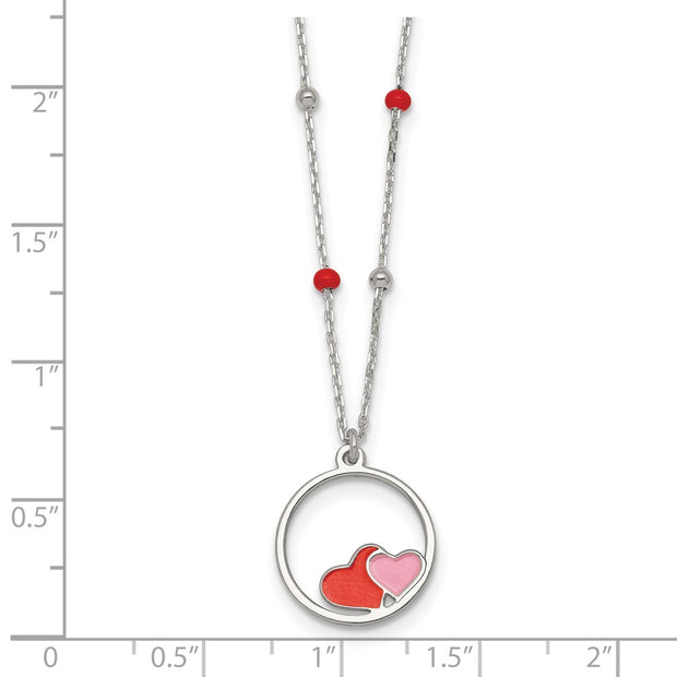 Sterling Silver Polished Beaded Red and Pink Enameled Hearts in Circle Childrens Necklace