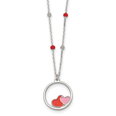 Sterling Silver Polished Beaded Red and Pink Enameled Hearts in Circle Childrens Necklace