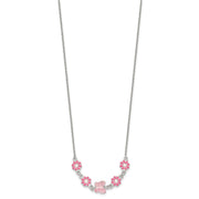 Sterling Silver Polished Pink Enameled Flowers and Pink Glass Butterfly Childrens Necklace