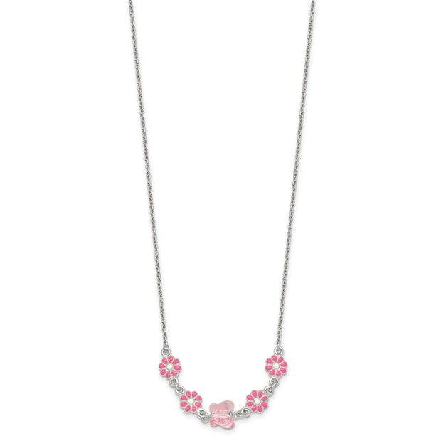 Sterling Silver Polished Pink Enameled Flowers and Pink Glass Butterfly Childrens Necklace