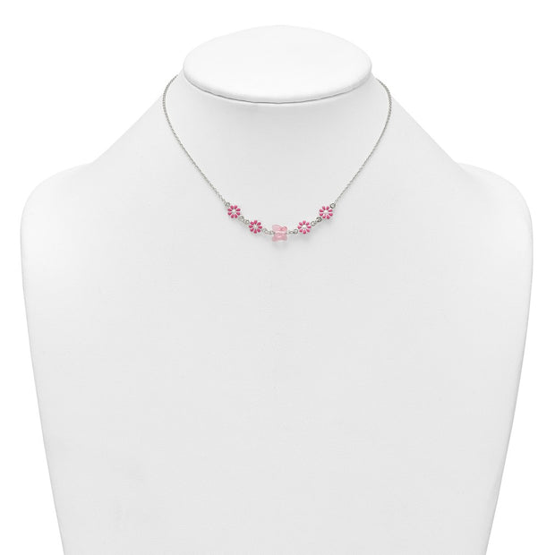 Sterling Silver Polished Pink Enameled Flowers and Pink Glass Butterfly Childrens Necklace