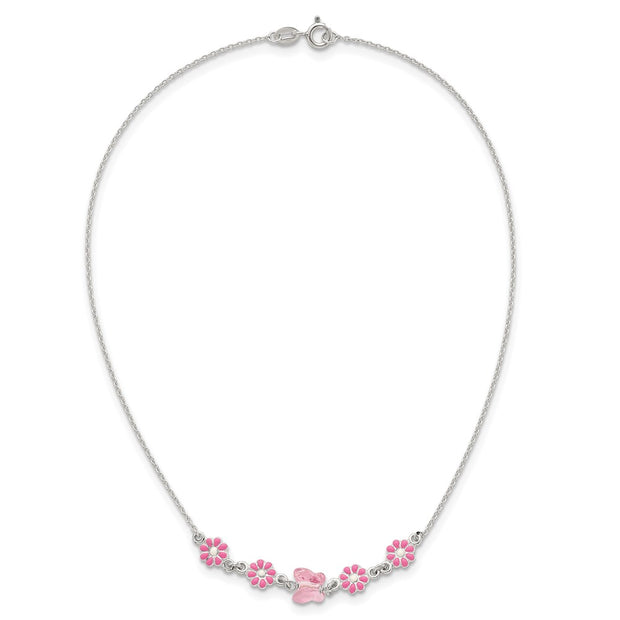 Sterling Silver Polished Pink Enameled Flowers and Pink Glass Butterfly Childrens Necklace