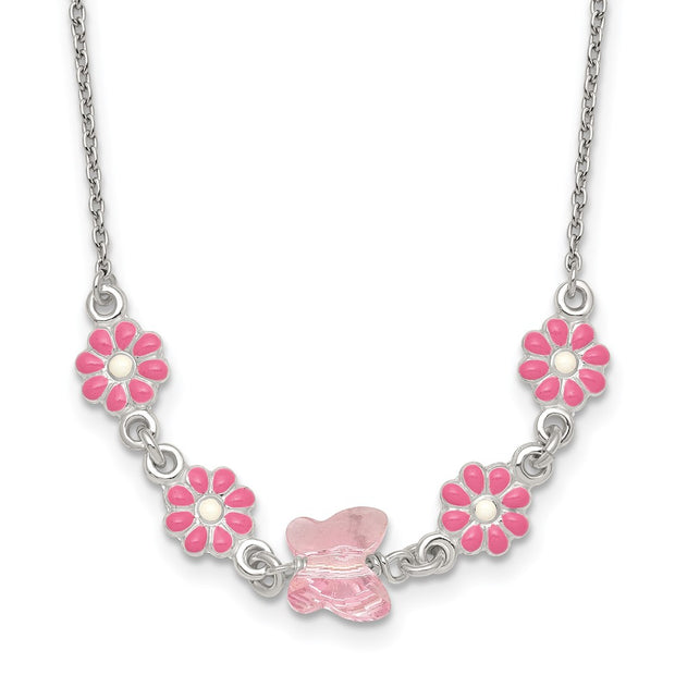 Sterling Silver Polished Pink Enameled Flowers and Pink Glass Butterfly Childrens Necklace
