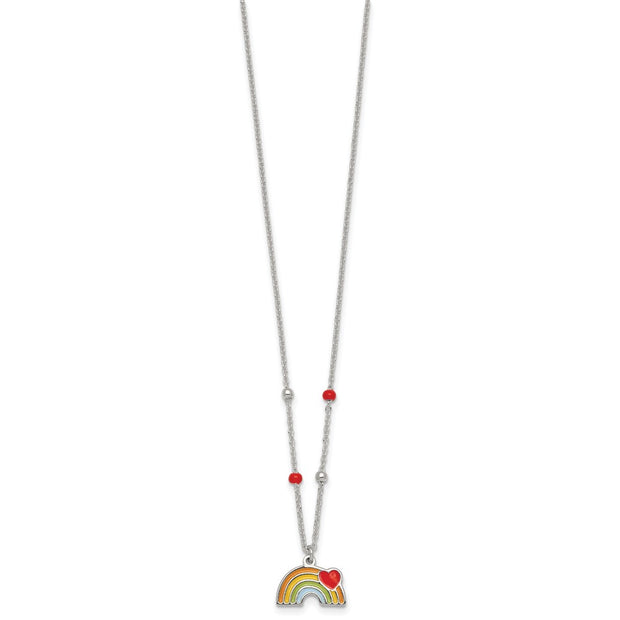 Sterling Silver Polished Beaded Enameled Heart on Rainbow Childrens Necklace
