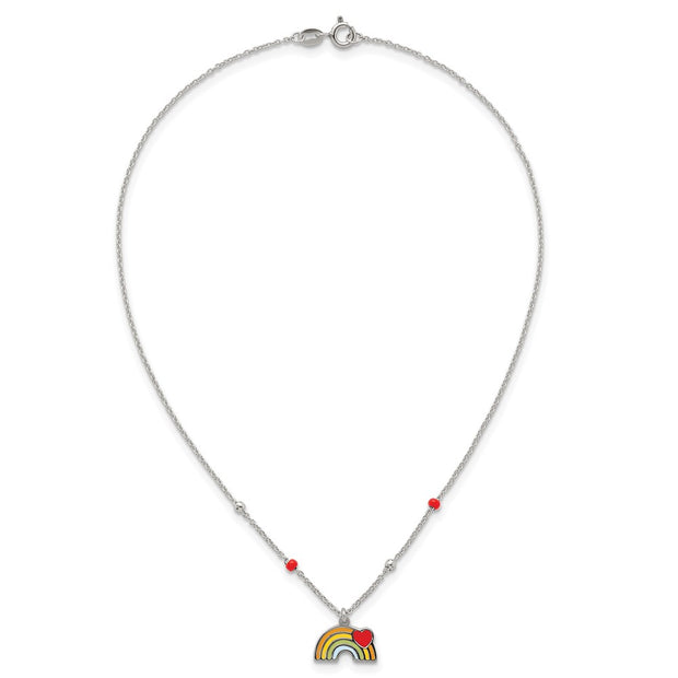 Sterling Silver Polished Beaded Enameled Heart on Rainbow Childrens Necklace
