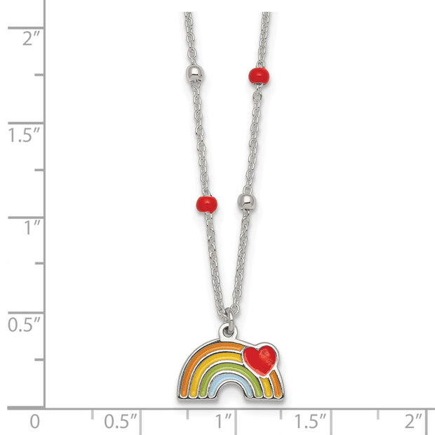 Sterling Silver Polished Beaded Enameled Heart on Rainbow Childrens Necklace