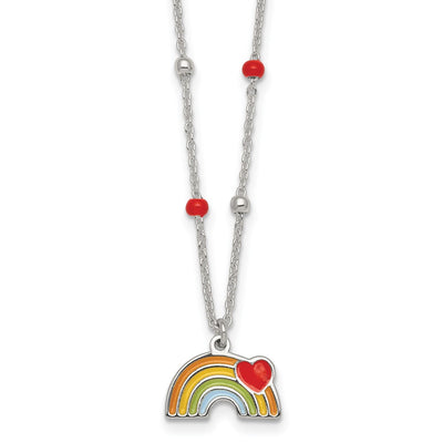 Sterling Silver Polished Beaded Enameled Heart on Rainbow Childrens Necklace