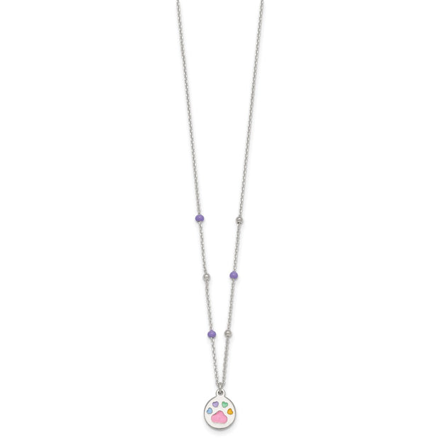 Sterling Silver Polished Beaded Enameled Multi-color Heart Pawprint Childrens Necklace