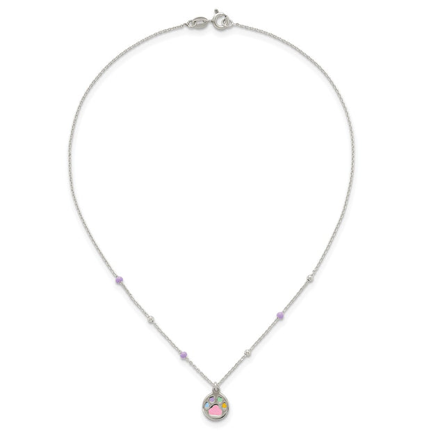Sterling Silver Polished Beaded Enameled Multi-color Heart Pawprint Childrens Necklace