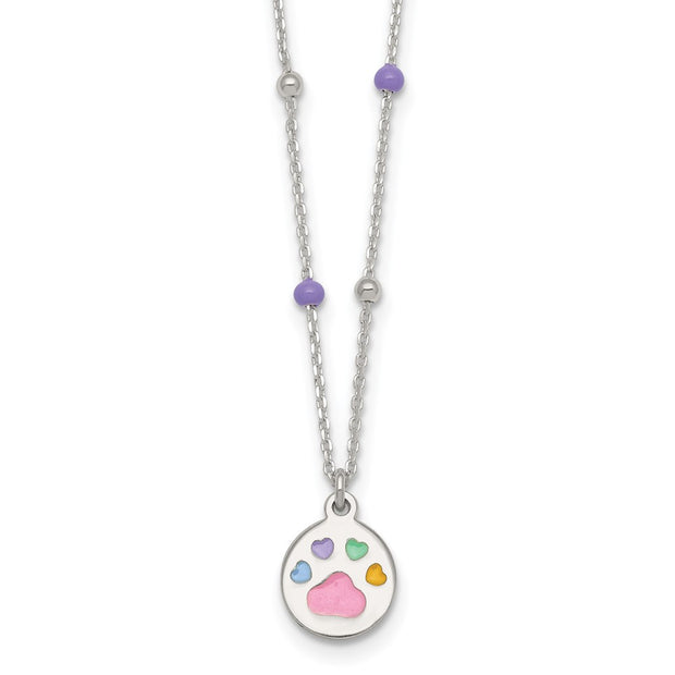 Sterling Silver Polished Beaded Enameled Multi-color Heart Pawprint Childrens Necklace
