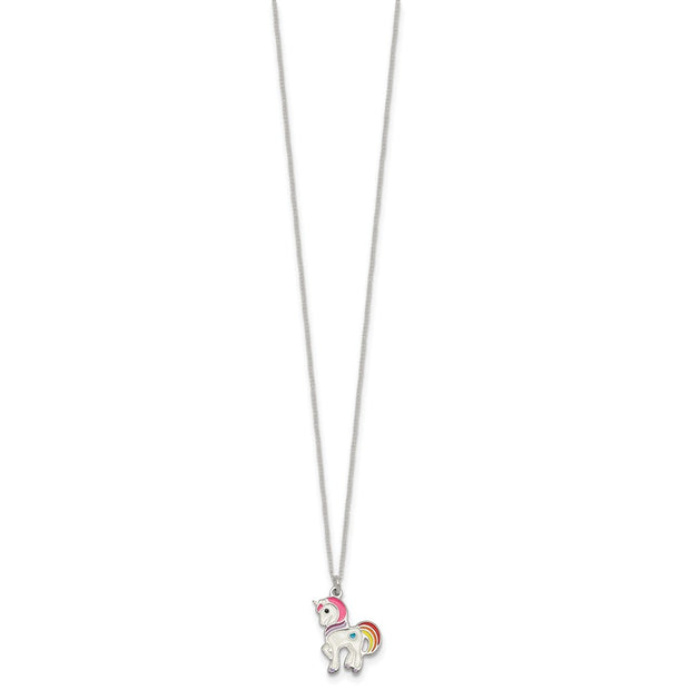 Sterling Silver Polished White and Rainbow Enameled Unicorn Childrens Necklace