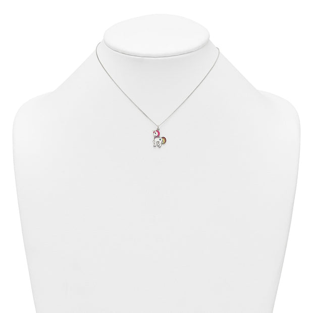 Sterling Silver Polished White and Rainbow Enameled Unicorn Childrens Necklace