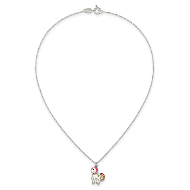 Sterling Silver Polished White and Rainbow Enameled Unicorn Childrens Necklace