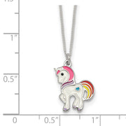 Sterling Silver Polished White and Rainbow Enameled Unicorn Childrens Necklace