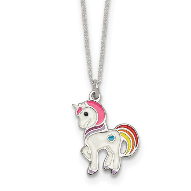 Sterling Silver Polished White and Rainbow Enameled Unicorn Childrens Necklace