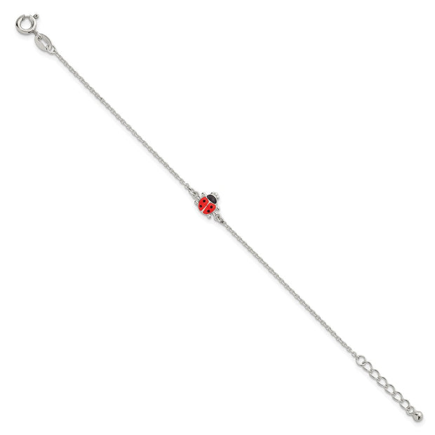 Sterling Silver Polished Red and Black Enameled Ladybug Childrens with Extension Bracelet