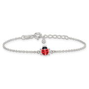 Sterling Silver Polished Red and Black Enameled Ladybug Childrens with Extension Bracelet