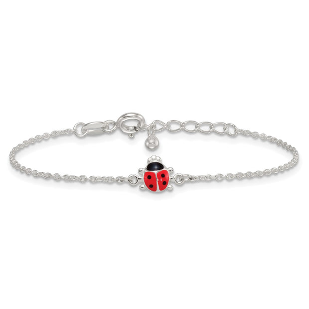 Sterling Silver Polished Red and Black Enameled Ladybug Childrens with Extension Bracelet