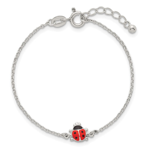 Sterling Silver Polished Red and Black Enameled Ladybug Childrens with Extension Bracelet