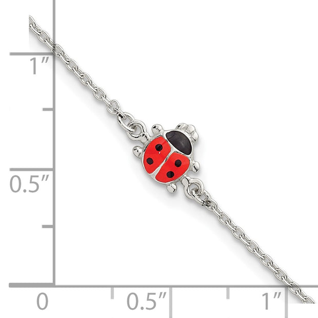 Sterling Silver Polished Red and Black Enameled Ladybug Childrens with Extension Bracelet