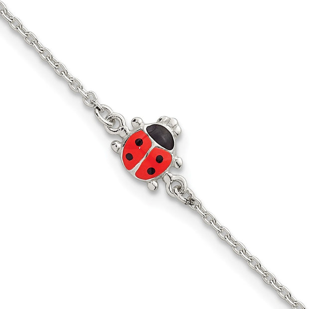 Sterling Silver Polished Red and Black Enameled Ladybug Childrens with Extension Bracelet