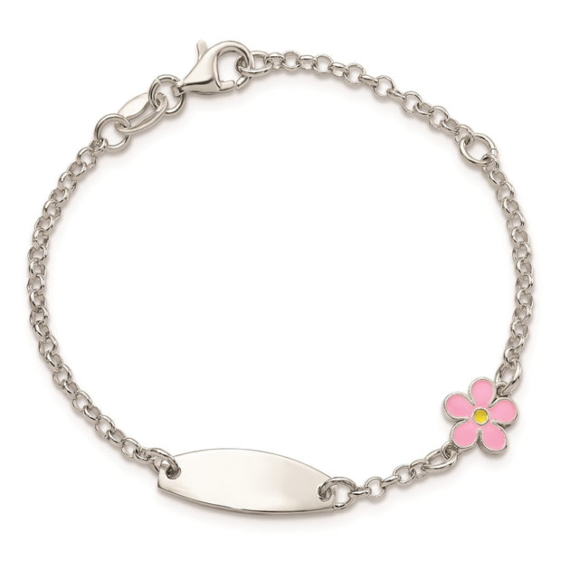 Sterling Silver Childrens Enameled Flower Plus 1IN EXT ID Bracelet