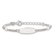 Sterling Silver Polished Curb Link and Acrylic Pearl with Extension Childrens ID Bracelet
