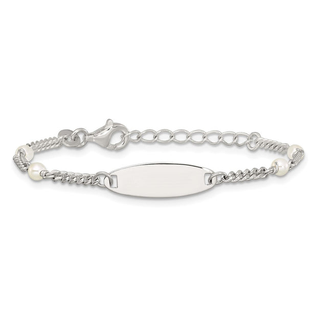 Sterling Silver Polished Curb Link and Acrylic Pearl with Extension Childrens ID Bracelet