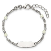 Sterling Silver Polished Curb Link and Acrylic Pearl with Extension Childrens ID Bracelet