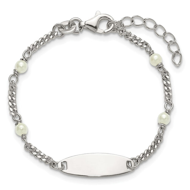 Sterling Silver Polished Curb Link and Acrylic Pearl with Extension Childrens ID Bracelet