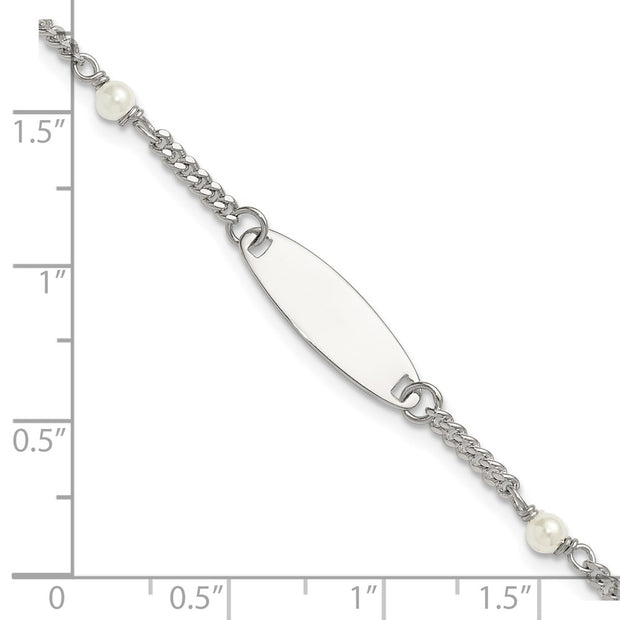 Sterling Silver Polished Curb Link and Acrylic Pearl with Extension Childrens ID Bracelet