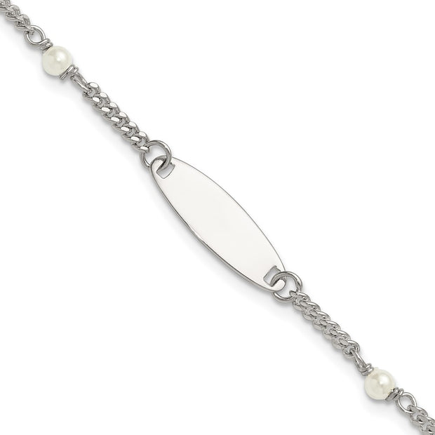 Sterling Silver Polished Curb Link and Acrylic Pearl with Extension Childrens ID Bracelet