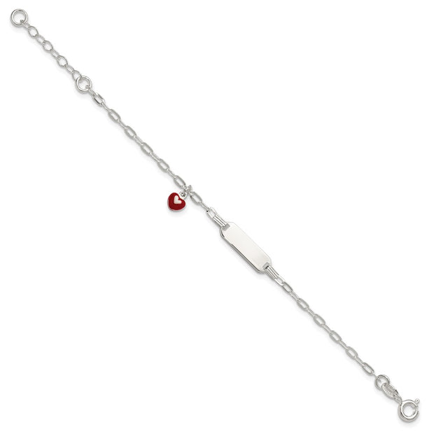 Sterling Silver Polished Red and White Enameled Heart Charm with extension Childrens ID Bracelet