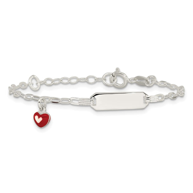 Sterling Silver Polished Red and White Enameled Heart Charm with extension Childrens ID Bracelet
