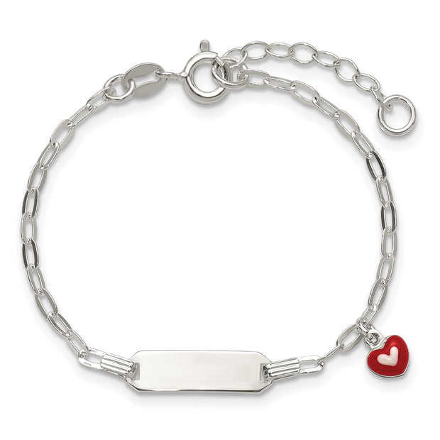 Sterling Silver Polished Red and White Enameled Heart Charm with extension Childrens ID Bracelet