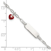 Sterling Silver Polished Red and White Enameled Heart Charm with extension Childrens ID Bracelet